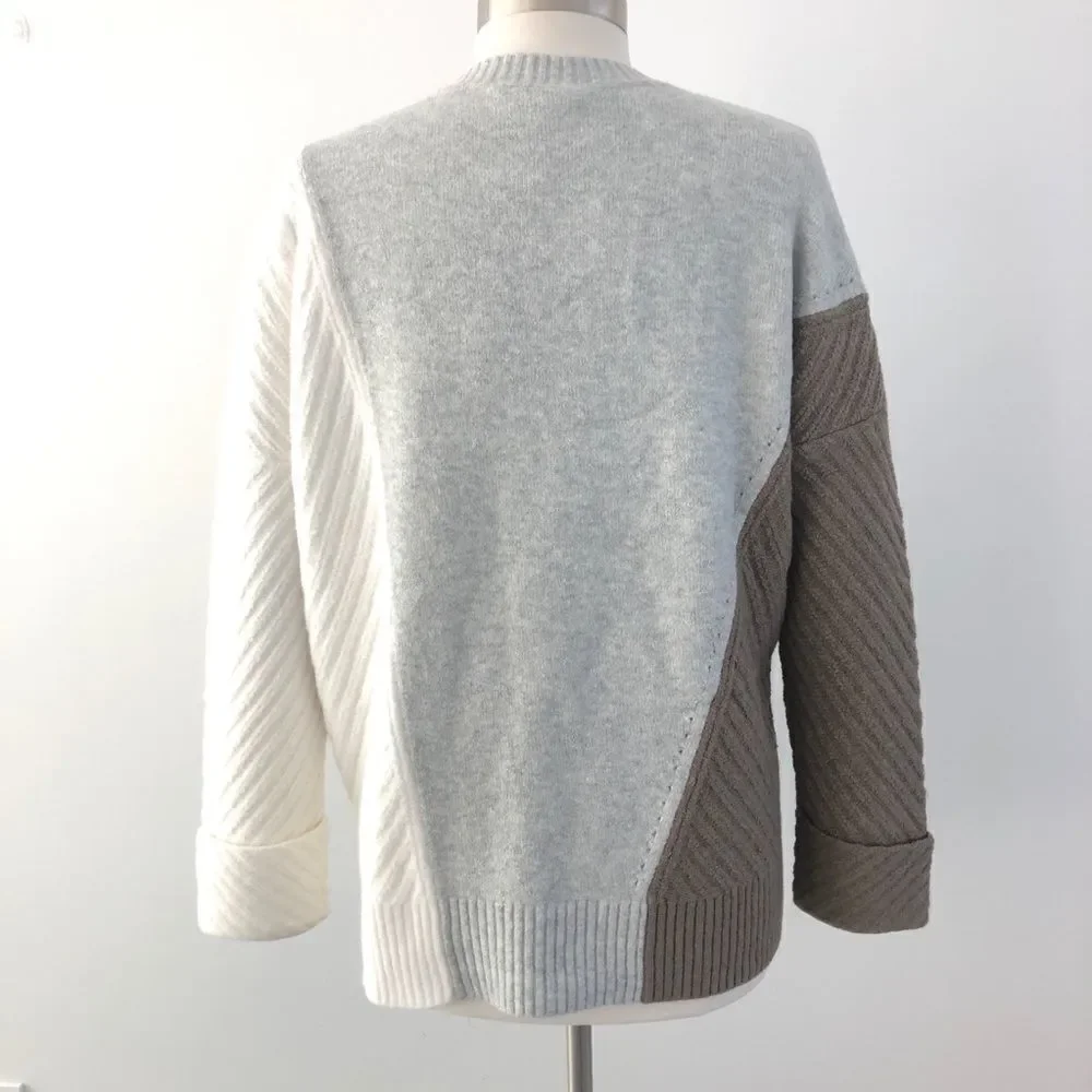 French Connection Oversized Wool Colorblock Sweater Crewneck in Ivory Grey Brown